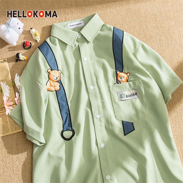 Áo Sơ Mi Ngắn Tay Thêu Hình Gấu Phong Cách Retro Cho Nữ