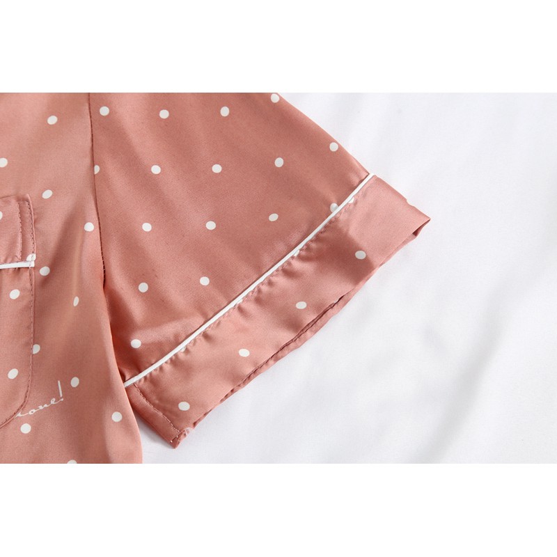 Set đồ ngủ gồm ngắn tay và quần dài lụa lạnh chấm bi thời trang mùa hè cho nữ