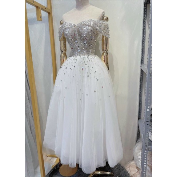 Đầm váy xòe công chúa bẹt vai kết kim sa treo sang trọng xinh xắn