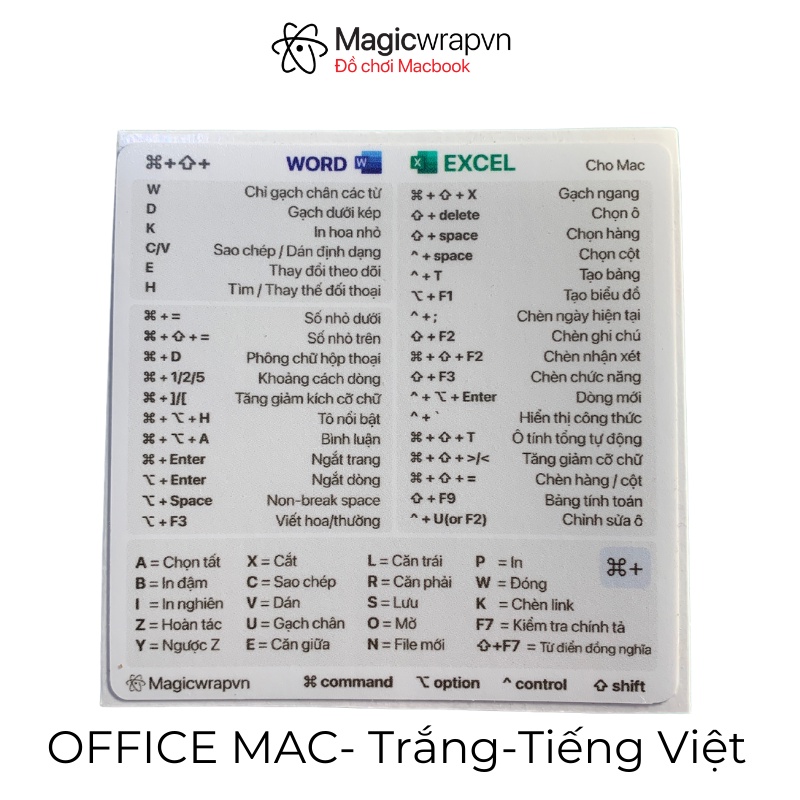 Miếng dán Phím Tắt Offi.ce Wor.d Exc.el cho laptop Ma.cbook, sticker phím tắt, Dành cho Mac.book [ MAGICWRAPVN ]