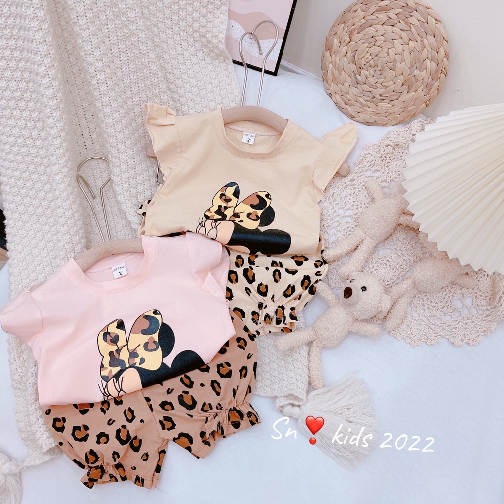 Bộ cộc tay bé gái, bộ quần áo chất cotton tàu cánh tiên Mickey nơ beo mát mẻ cho bé