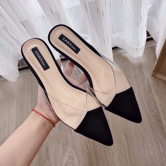 GIÀY MŨI NHỌN PHỐI MICA TRONG SUỐT