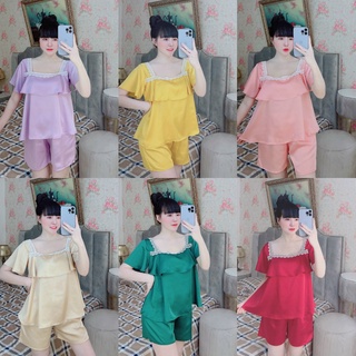 Đồ ngủ nữ quần đùi 2 tầng lớp phối ren trắng chất liệu satin mềm mại thoáng mát freesize dưới 65kg