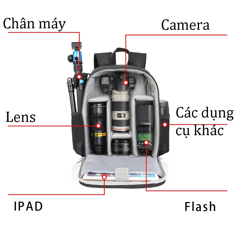 Balo ba lô máy ảnh Caden D6 size nhỡ chống sốc máy ảnh HÌNH THẬT form cứng