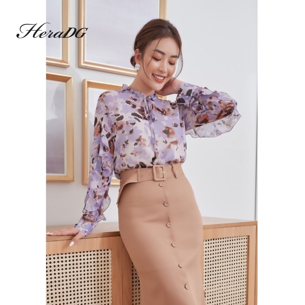 Áo Sơ Mi Công Sở Nữ HeraDG Thiết Kế Cổ Bèo Dài Tay Họa Tiết Hoa Thời Trang, Chất Vải Chiffon Mềm Nhẹ SAKBA020