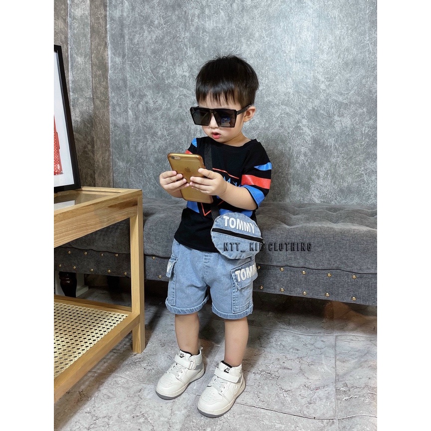 Bộ cộc tay bé trai, set bộ áo thun kèm quần short jean túi hộp To.My cực chất cho bé