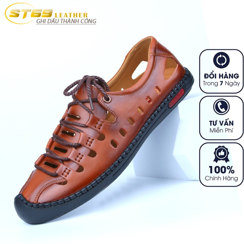 Giày lười rọ nam da bò đục lỗ thoáng khí mùa hè đế cao su non mềm mại - LH001