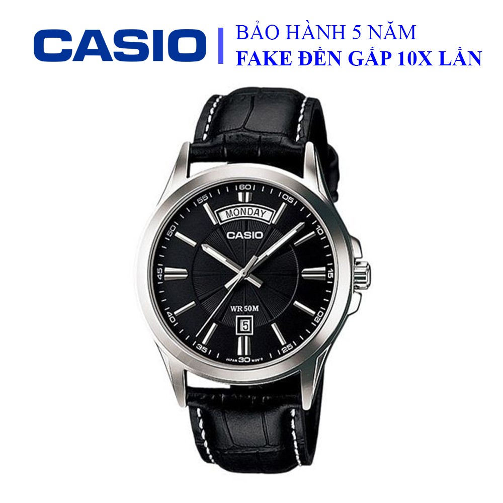 Đồng hồ Casio nam dây da thể thao, mặt đen viền trắng lịch lãm, chống nước WR50M đi bơi (MTP-1381L-1AVDF)