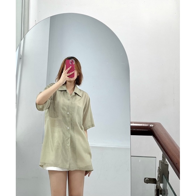 Áo sơ mi tay ngắn xuyên thấu form rộng nâu vàng chất dày dặn