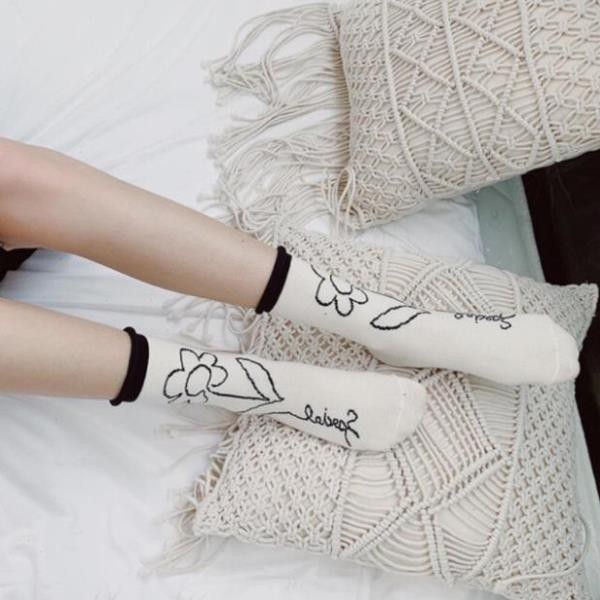 Tất Nữ Cổ Cao Cotton Họa Tiết Phong Cách Retro Hàn Quốc Vớ Nữ Cổ Cao Ulzzang Thời Trang