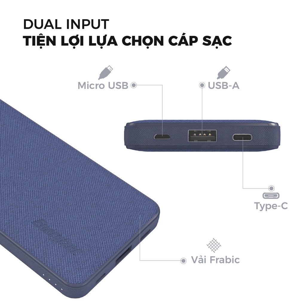 Sạc dự phòng Energizer UE10043 10,000mAh bọc vải Fabric thời trang, tích hợp 2 cổng outputs/inputs