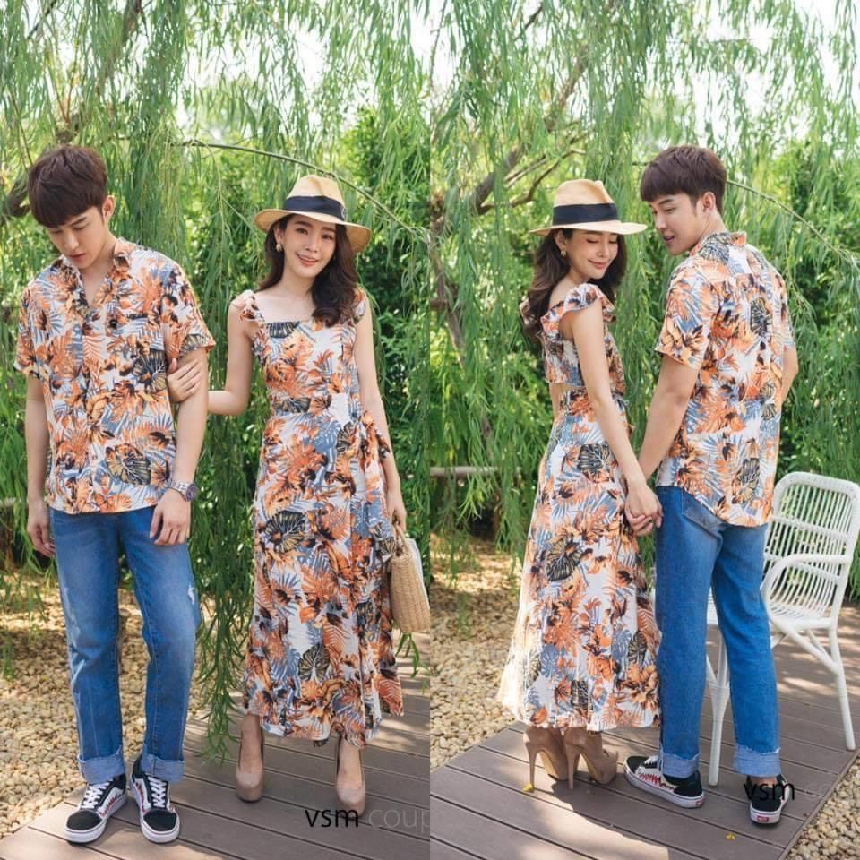 Set đồ đôi nam nữ couple áo sơ mi, váy Kate chống nhăn thoáng mát hoạ tiết tông màu cam hợp đi biển, đi dã ngoại