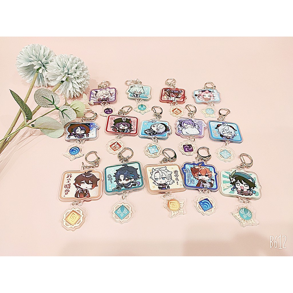 Móc khóa chữ nhật kèm vision Genshin Impact