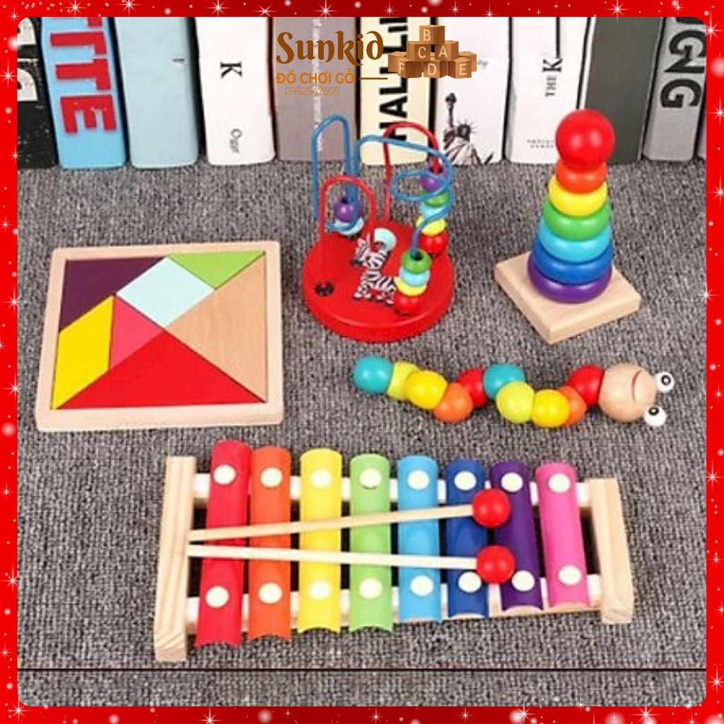 [ Hot ] Combo đồ chơi gỗ đồ chơi thông minh phát triển trí tuệ cho bé 5 món đàn, sâu, tháp, luồn, tangram
