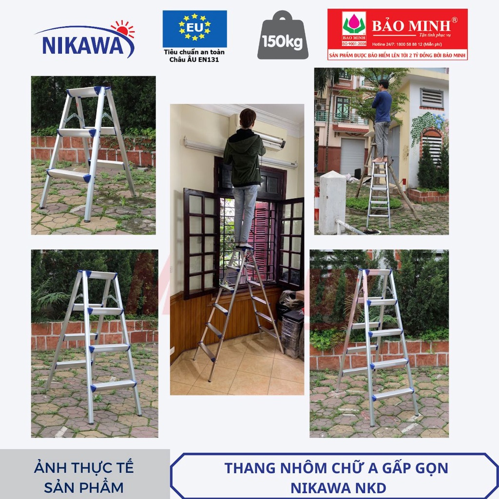 Thang nhôm chữ A gấp gọn NIKAWA NKD 3, 4, 5, 6 bậc chiều cao 1-1,5 m, nhập khẩu Nhật Bản, bảo hành 18 tháng