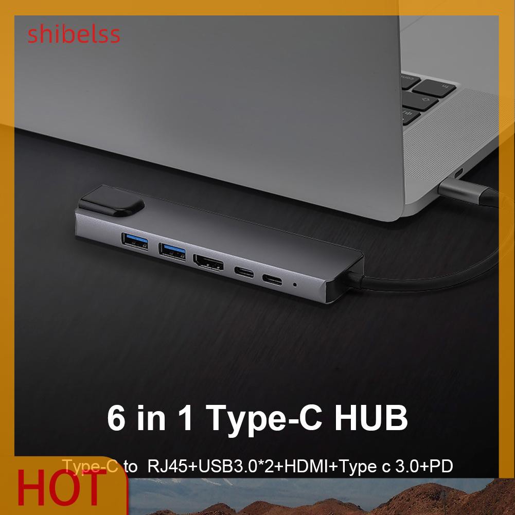 Shibelss 6 in 1 USB C HUB 2 USB 3.0 4K HDMI-compatible Type-C 100W PD RJ45 Adapter for Laptop 