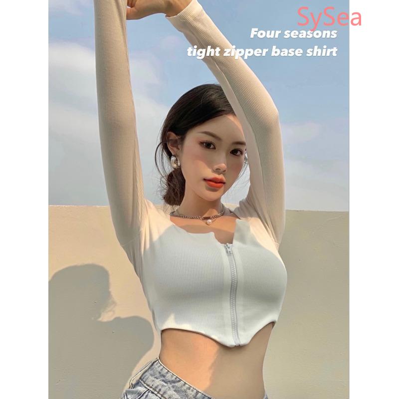Áo croptop tay dài cổ vuông phối khóa kéo gợi cảm cho nữ
