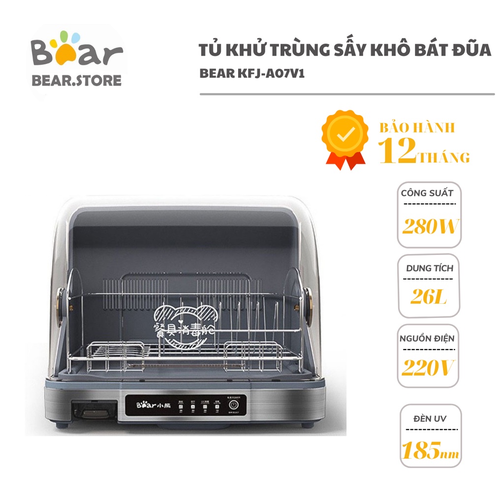 Tủ Khử Trùng Sấy Khô Bát Đũa, Máy Khử Trùng Bình Sữa Cho Bé BEAR XDC-A26B1 Khử Trùng 99% Vi Khuẩn Bằng Tia Cực Tím