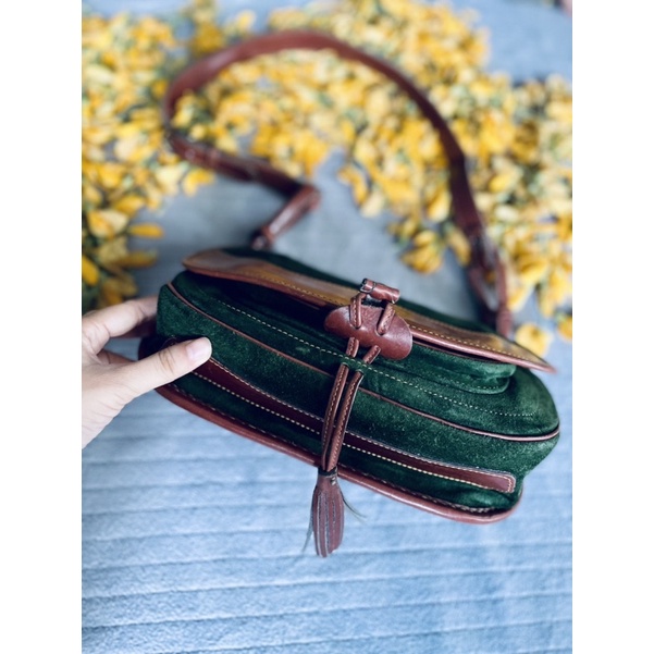 SALE- túi si da lộn phối da mộc xanh rêu