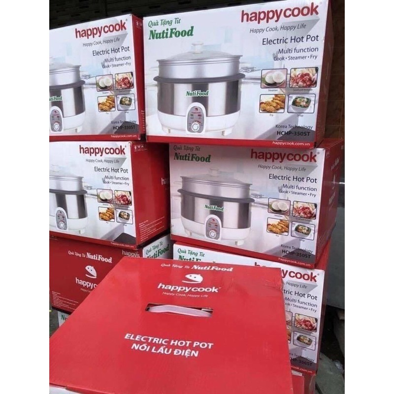 🎀Lẩu điện đa năng nắp kính có xửng hấp Happy Cook HCHP-350ST 1300W 3.5L (Bạc) Hàng quà tặng từ sữa Nutifood