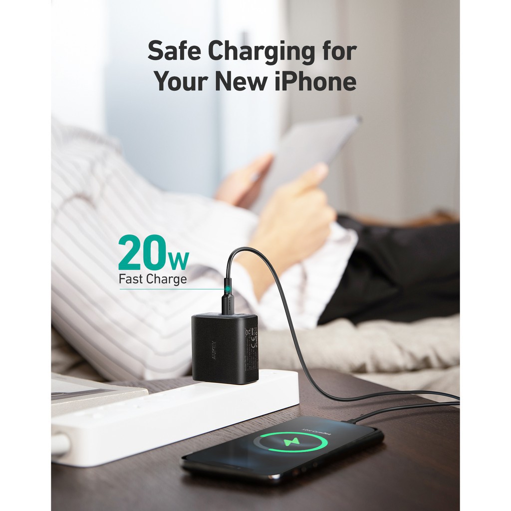 [NEW 2021] Cốc Sạc Nhanh iphone Aukey 2 Cổng 32W PA-F3S Cổng Type C Power Delivery 20W, Cổng USB-A 12W