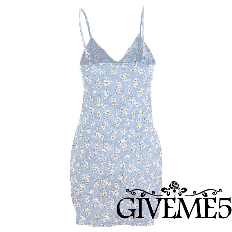 Đầm chữ A hai dây cổ V xẻ tà in họa tiết hoa dành cho nữ