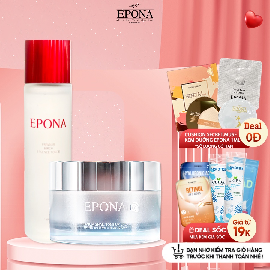 Bộ Đôi Cấp Ẩm - Nâng Tông Da Mướt Mịn Epona Premium Birch Essence Toner 150ml, Epona Premium Snail Tone Up Cream 50ml