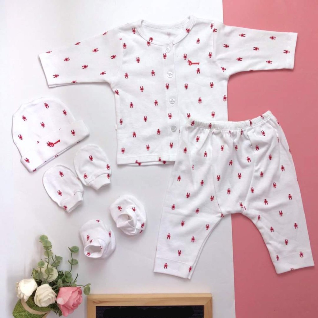 Set Quần Áo Dài Tay Cotton Kèm Mũ Bao Tay Chân Cùng Màu Sơ Sinh Cài Giữa Thấm Hút Mồ Hôi