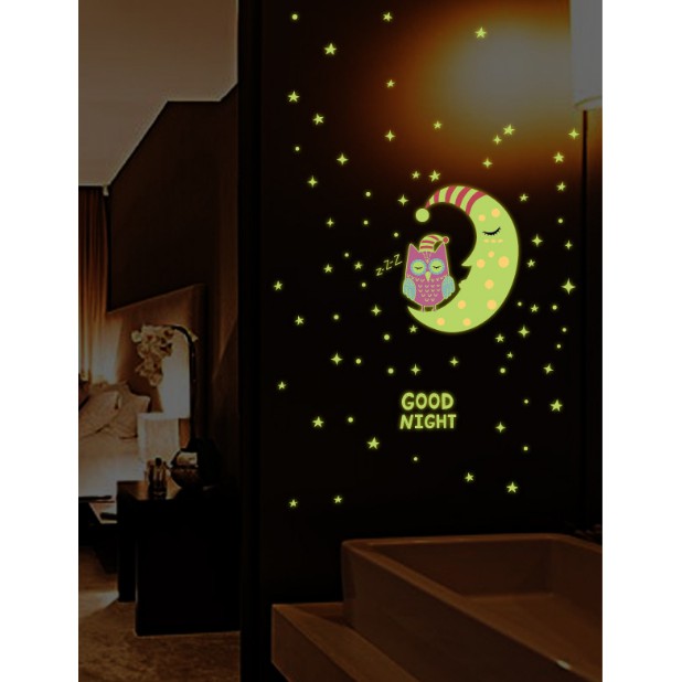 Decal trang trí Trăng và Cú Mèo ngủ đêm - Dạ Quang