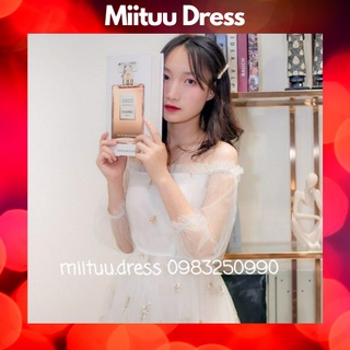 Váy hoa nhí trễ vai dài trắng nữ dự tiệc dạ hội bèo công chúa babydoll dễ thương Miituu CTD1