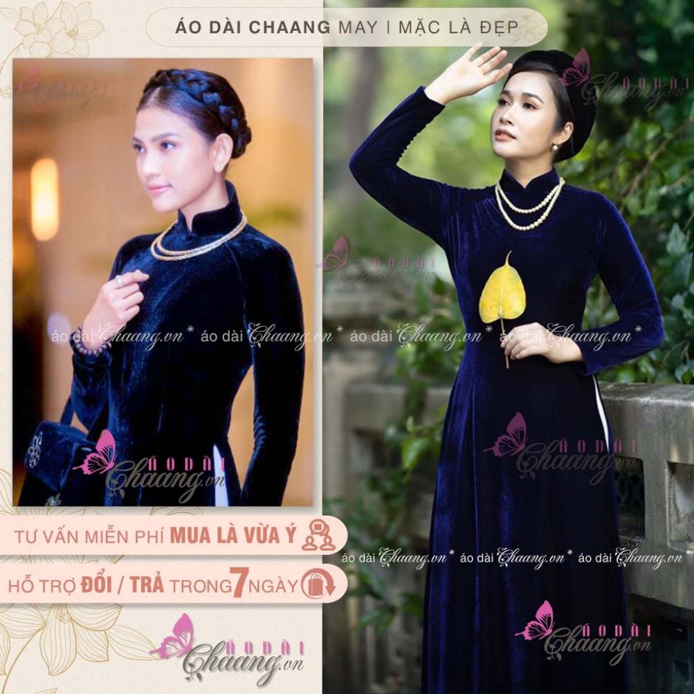 AZ Áo dài nhung đẹp_Chaang_May sẵn áo dài truyền thống màu xanh than, vải áo dài co giãn tốt