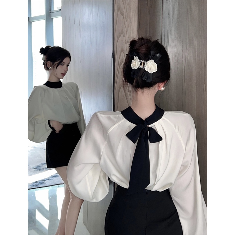 Bộ Áo Sơ Mi Tay Dài Cổ Tròn Phối Màu Tương Phản + Quần Short Lưng Cao Ống Rộng Thời Trang Hàn Quốc Tw