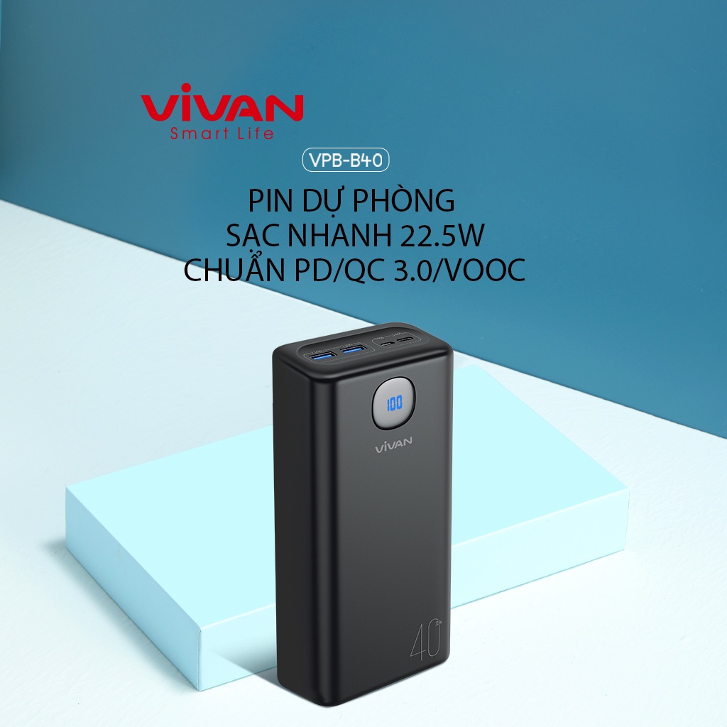 Pin Sạc Dự Phòng Sạc Nhanh 40.000mAh PD/QC 3.0/VOOC 22.5W VIVAN VPB-B40 3 Output USB-A &amp;Type C Hàng Chính Hãng