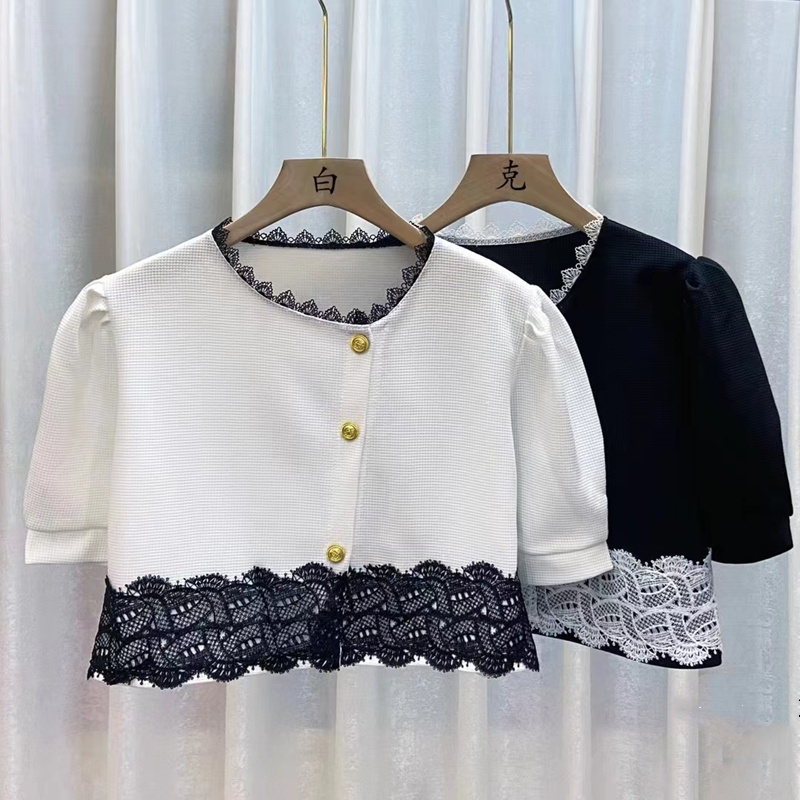 Áo kiểu SUXI ngắn tay phối ren màu sắc đơn giản phong cách Hàn Quốc