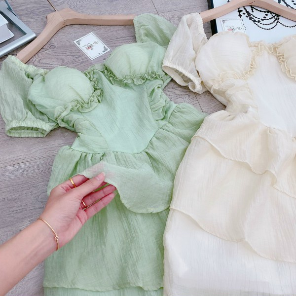 Váy Babydoll Tay Bồng Cổ Vuông Cúp Ngực, Đầm Dáng Xoè Tay Phồng Siêu Xinh Chất Tơ Nhũ Sọc Ren M1