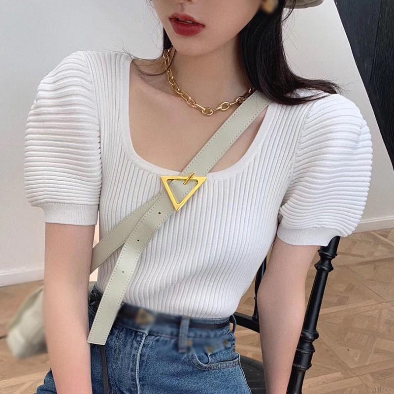 Áo Dệt Kim Tay Ngắn Cổ Vuông Màu Trơn Phong Cách Hàn Quốc