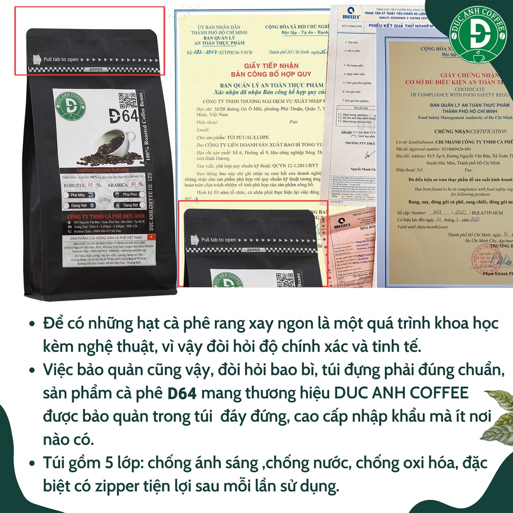 Cà Phê Nguyên Chất D64 Thành Phần 60% Robusta+40% Arabica Rang Mộc Pha Phin, Pha Máy
