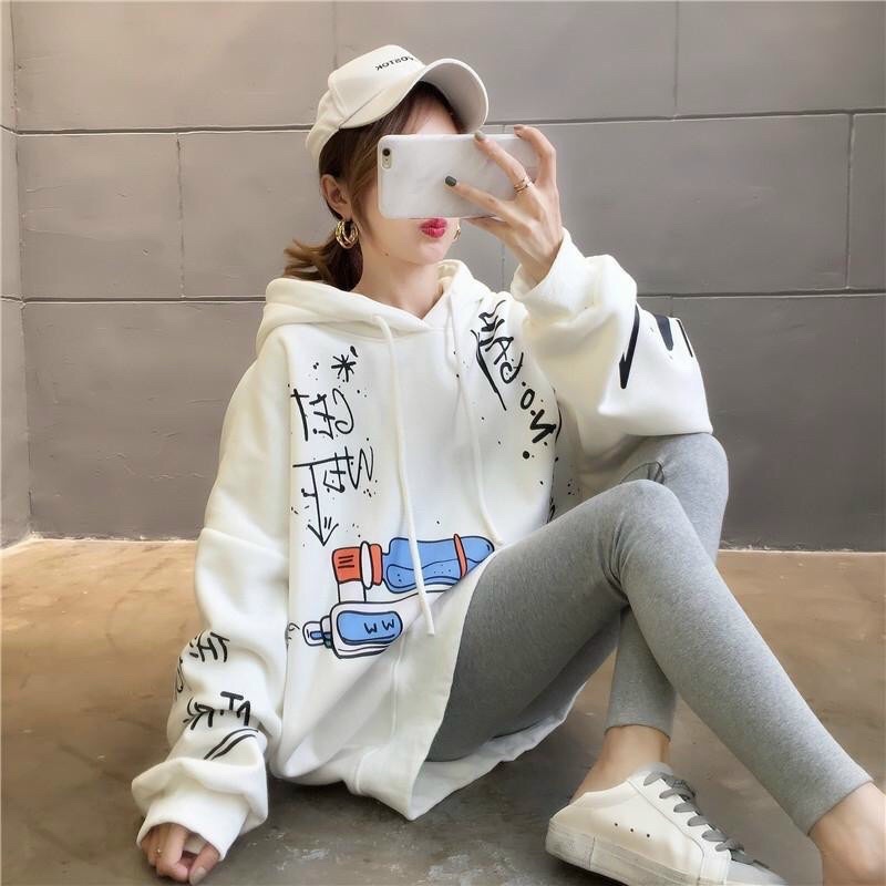 Áo Khoác Nữ HOODIE Chất Nỉ Form Rộng Hai Dây Không Khoá Kéo Trắng Và Đen