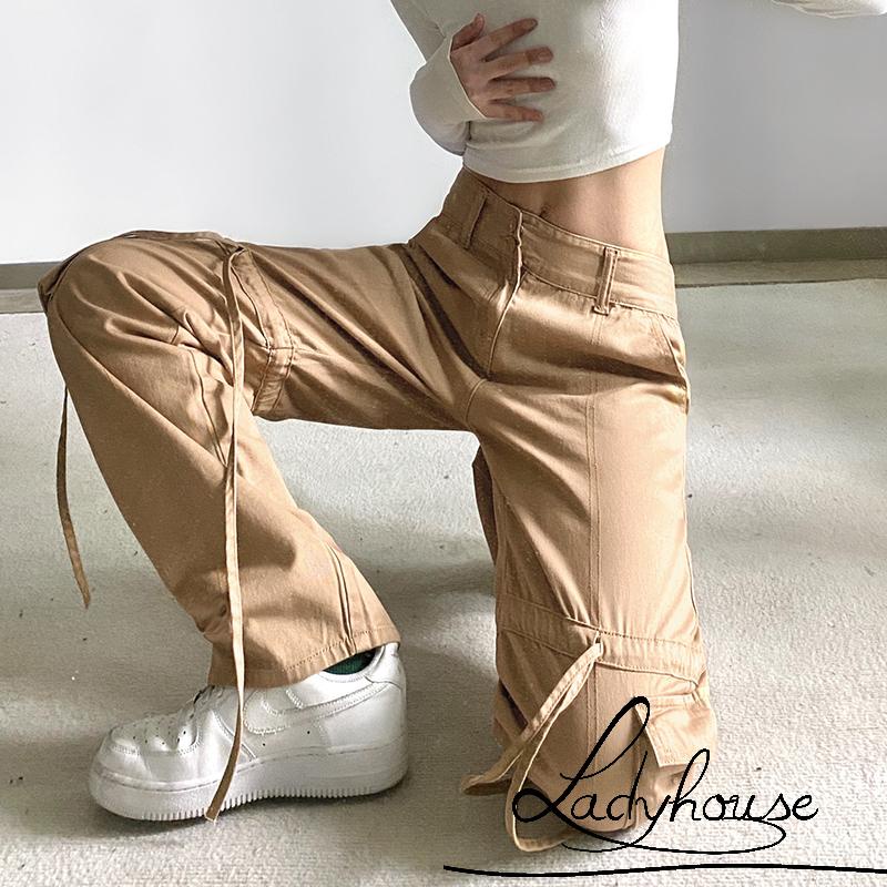 Quần Kaki Dài Lưng Cao Nhiều Túi Màu Trơn Thời Trang Dành Cho Nữ