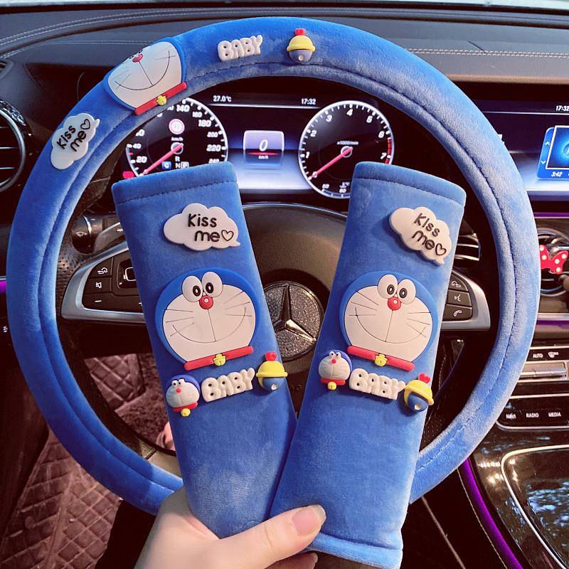 Bộ vỏ bọc tay lái/ phanh xe bằng lông nhung họa tiết Doraemon màu xanh dương thời trang dành cho nữ
