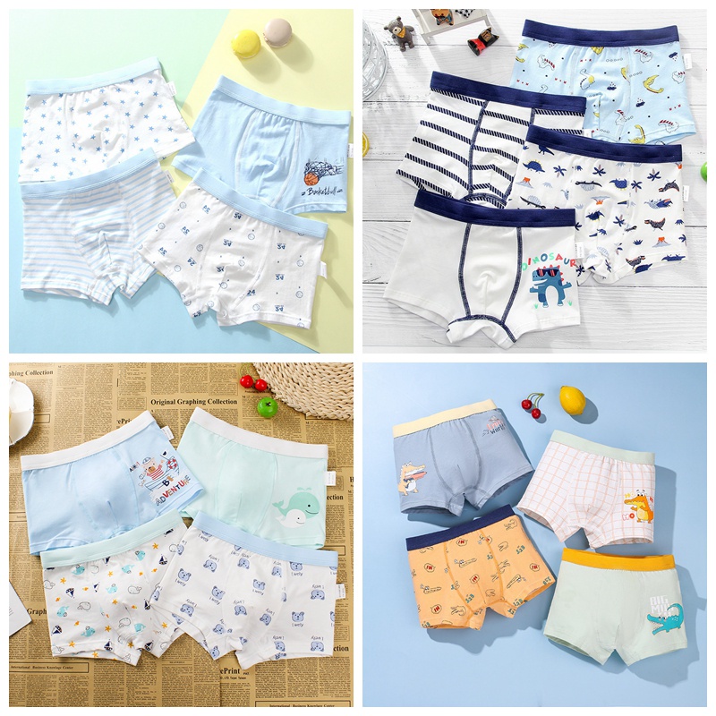 Bộ 4 Quần Lót Boxer Chất Liệu 95% cotton Họa Tiết Khủng Long Hoạt Hình Cho Bé Trai 2-12 Tuổi