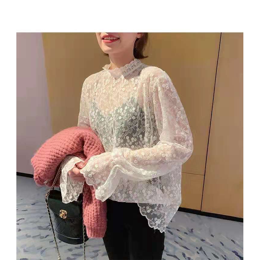 SUXI Áo kiểu tay loe dài phối ren hoa phong cách vintage