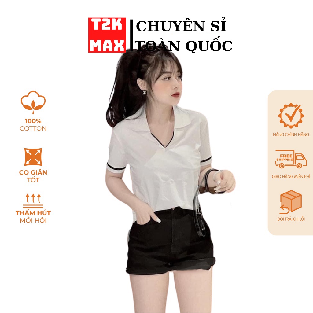Áo polo nữ cổ V kiểu dáng hàn quốc - Áo thun nữ cộc tay chất cotton xuất khẩu co giãn 4 chiều - T2K Max