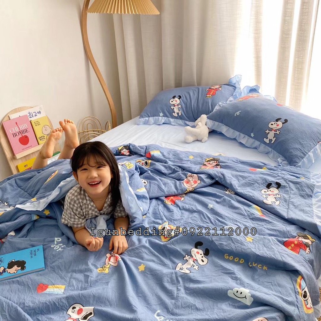 Bộ chăn ga gối Đũi Bèo Trần Bông Hè set Chó Xanh 4 món nhập khẩu