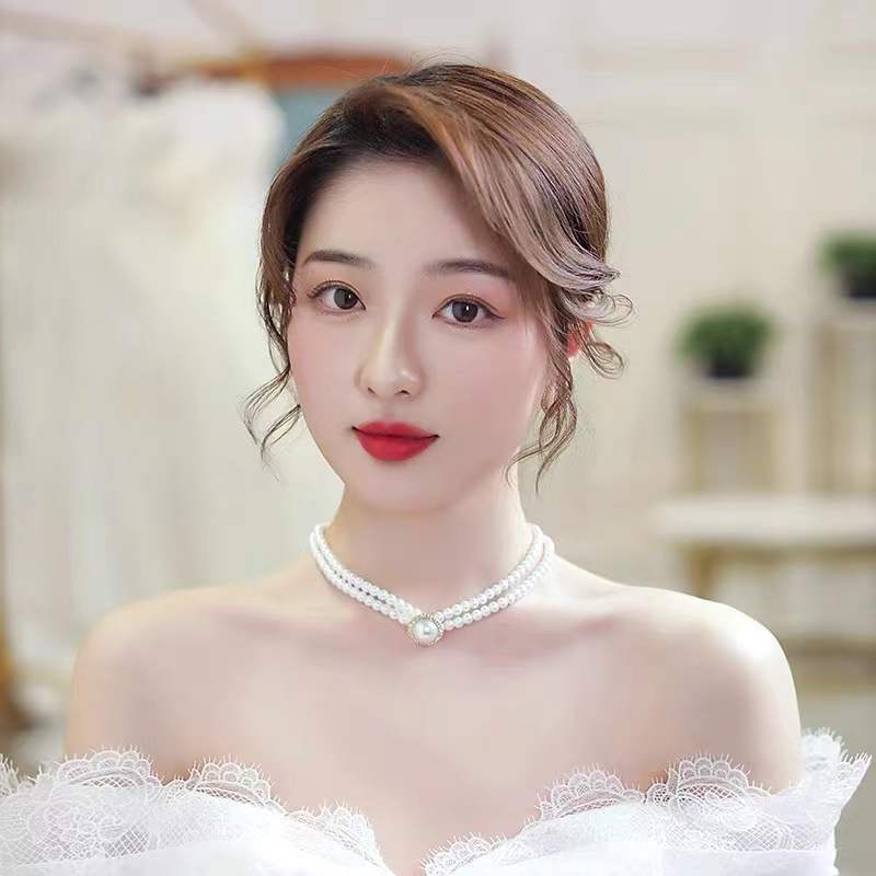 Vòng Cổ Hai Lớp Đính Hạt Ngọc Trai Đơn Giản Phong Cách Vintage Mới