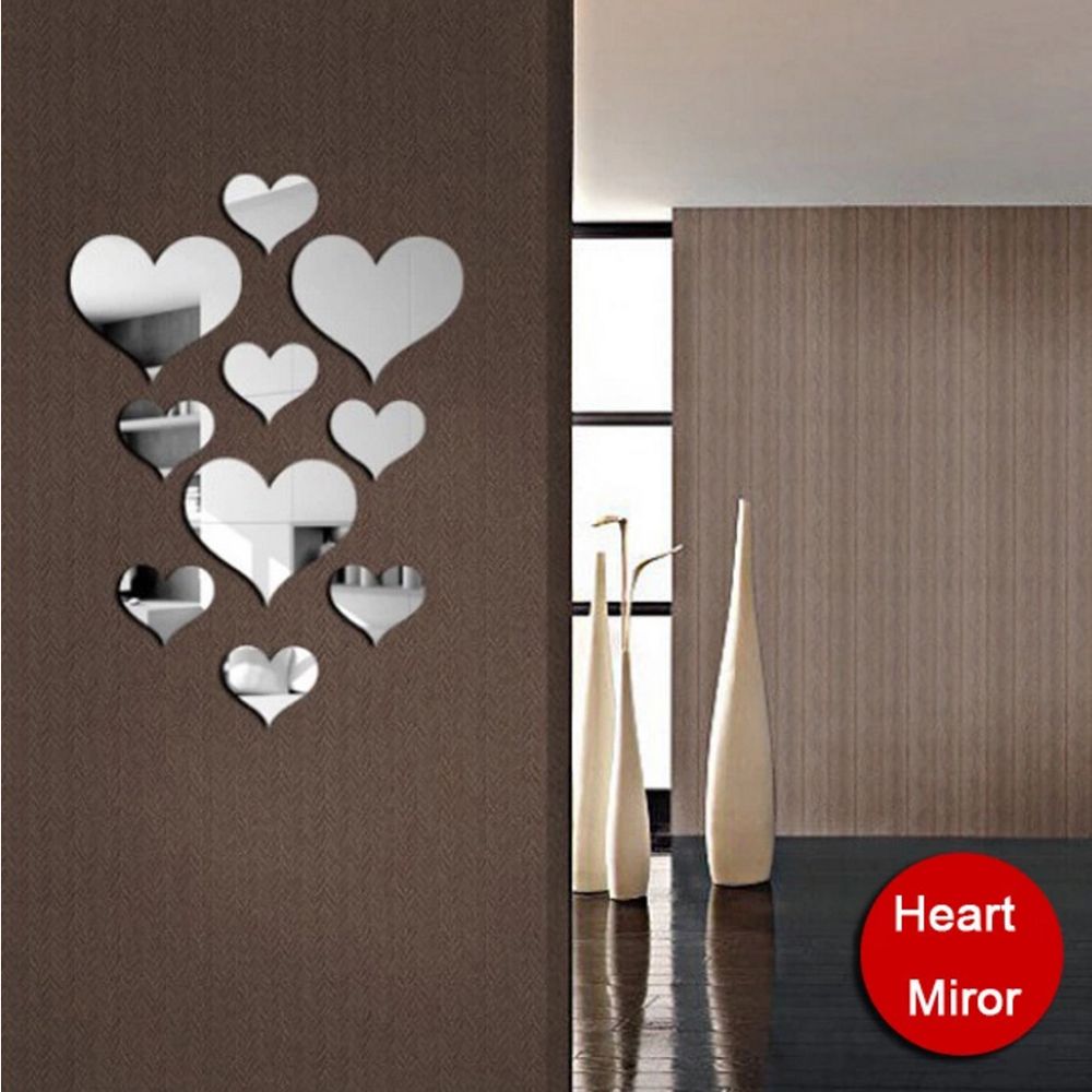 Set 10 Decal dán tường 3D Tráng Gương Hình Trái Tim Trang Trí Phòng Khách Có Thể Tháo Gỡ