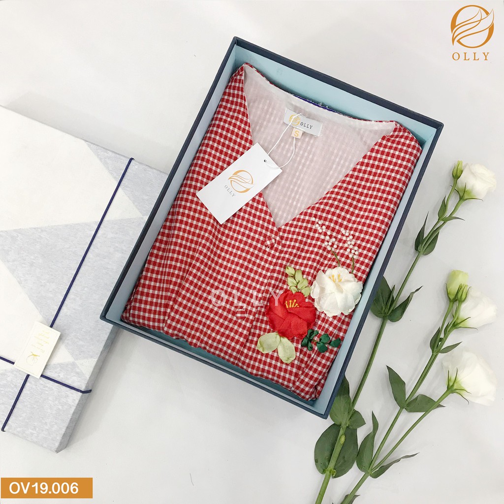 Đầm Caro Thêu Hoa, Dáng Váy Xòe Nữ Tính, Chất Đũi Thoáng Mát Cao Cấp Mã OLLY_OV19.006 | BigBuy360 - bigbuy360.vn