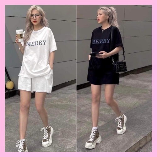 Set Bộ In Chữ MERRY Nữ - Set Thun Cộc Tay Form Rộng Cá Tính - HANHAN SHOP
