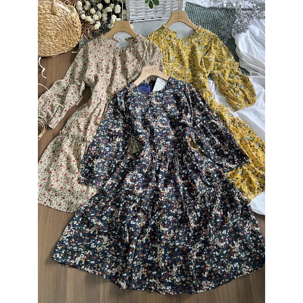 Váy hoa tay dài babydoll QCCC Ulzzang hai lớp xoè