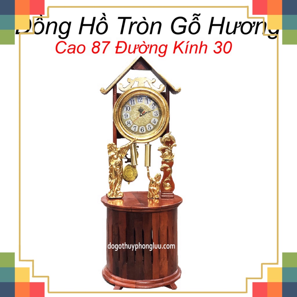 Đồng hồ tròn trang trí quả lắc gỗ hương rát vàng cao 87cm